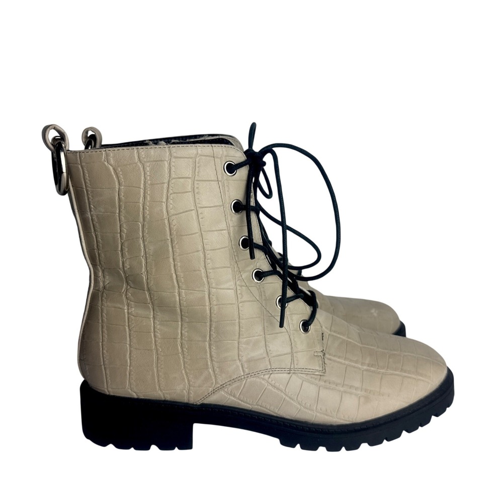 Nasty Gal Shoes Women's 7 Cream Black Boot Combat Croc Embossed Lace Up Biker